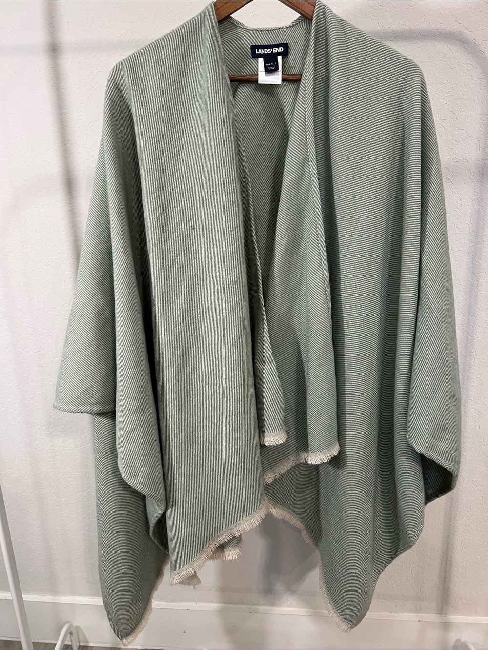 Lands' End Sage Green Striped Open Front Poncho Wrap Cape One Size